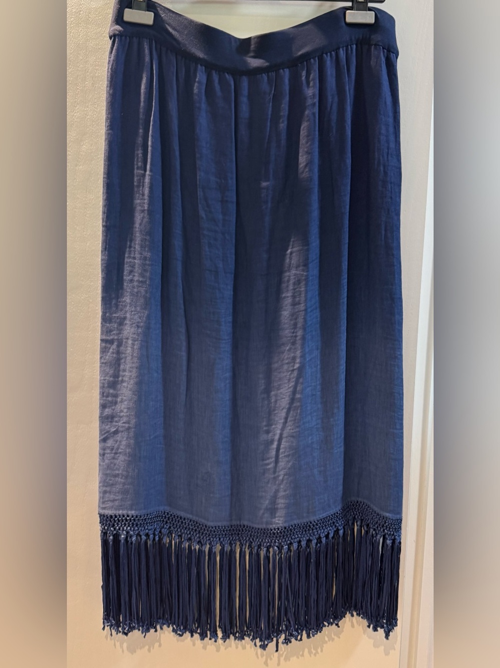 Chico's Deep Blue Midi Linen Skirt with Fringe Trim